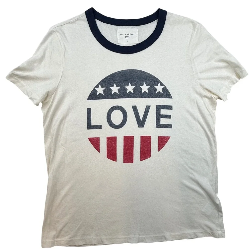 Sol Angeles Womens Love Ringer T-Shirt Patriotic Stars Stripes Sm thin retro - Picture 2 of 8